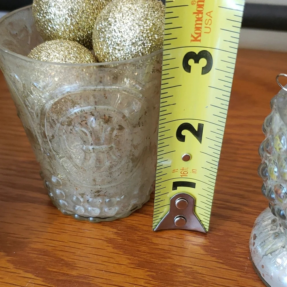 Painted Gold Decorative Tealight/Votive Holder Set (3) w/ Glitter Ball Ornaments